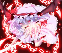  bat_wings blue_hair chains colorized commentary_request fangs female hat kisaragi_you magic_circle miserable_fate nail_polish oerba_yun_fang pointy_ears polearm red_eyes remilia_scarlet slit_pupils solo spear touhou weapon wings 