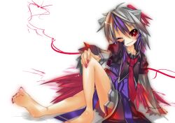  arm_support bare_legs barefoot commentary_request female fingernails grey_hair hand_on_own_knee horns long_toenails multicolored_hair nail_polish necktie one_eye_closed oshino_hazure purple_hair red_eyes sitting skirt solo toenail_polish toenails tokiko_(touhou) touhou two-tone_hair wings 