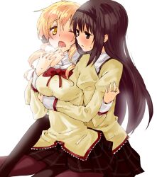  2girls akemi_homura black_eyes black_hair black_legwear blonde_hair blush brown_legwear commentary_request drill_hair finger_in_another&#039;s_mouth hairband hug hug_from_behind long_hair mahou_shoujo_madoka_magica mahou_shoujo_madoka_magica_(anime) mitakihara_school_uniform multiple_girls myama one_eye_closed open_mouth pantyhose photoshop_(medium) revision saliva school_uniform simple_background tomoe_mami twin_drills twintails yellow_eyes yuri 