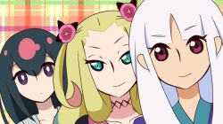  3girls bad_id bad_pixiv_id black_hair blonde_hair blue_eyes flower hair_flower hair_ornament hiteihime_(katanagatari) katanagatari kisaki_nana long_hair multiple_girls oniichan_no_koto_nanka_zenzen_suki_janain_dakara_ne!! parody pink_eyes portrait purple_eyes smile togame white_hair yasuri_nanami 