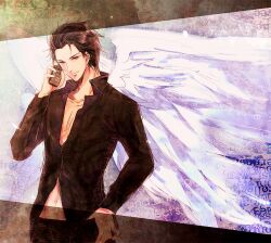  1boy angel_wings bad_id bad_pixiv_id brown_hair cellphone el_shaddai lucifel_(el_shaddai) male_focus phone solo unabara_misumi wings 