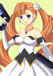  aq_interactive arcana_heart atlus bare_shoulders drill_hair examu gun long_hair petra_johanna_lagerkvist smile solo weapon 