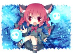  :3 animal_ears black_dress blush braid cat_ears chibi commentary_request dress female hair_ribbon kaenbyou_rin minamiya_mia open_mouth outstretched_hand red_eyes red_hair ribbon skull solo tail touhou twin_braids upskirt 