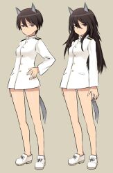  alternate_hairstyle animal_ears bad_id black_hair female full_body long_hair looking_at_viewer military military_uniform naval_uniform no_pants serious shimada_fumikane shoes short_hair solo standing strike_witches_zero tail uniform wakamoto_tetsuko wolf_ears wolf_girl wolf_tail world_witches_series 