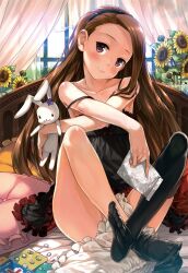  bare_shoulders bed black_thighhighs bloomers blush bottomless brown_hair chemise collarbone commentary_request crossed_ankles crossed_arms dress feet female flower hairband hands head_tilt highres idolmaster idolmaster_(classic) lips long_hair loose_thighhigh minase_iori no_panties no_shoes photoshop_(medium) pill red_eyes shirane_taito sitting smile sock_dangle sock_pull solo strap_slip stuffed_animal stuffed_rabbit stuffed_toy sunflower thighhighs underwear unworn_clothes usa-chan_(idolmaster) 