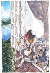  2girls alcohol broom commentary_request cup drinking_glass food gogo/tad izayoi_sakuya kirisame_marisa multiple_girls onigiri open_mouth painting_(medium) sandwich sitting smile touhou traditional_media watercolor_(medium) window windowsill wine wine_glass 