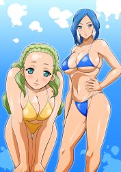  2girls bare_shoulders bent_over bikini blue_bikini blue_eyes blue_hair blush braid breast_squeeze breasts green_hair guel hand_on_hip highres hips huge_breasts inazuma_eleven inazuma_eleven_(series) large_breasts legs long_hair looking_at_viewer multicolored_hair multiple_girls navel short_hair simple_background smile standing swimsuit thighs urubida yellow_bikini 