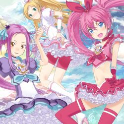  3girls blonde_hair blue_eyes blue_skirt bow buntan choker commentary_request cure_beat cure_melody cure_rhythm frills green_eyes houjou_hibiki kurokawa_eren long_hair magical_girl minamino_kanade multiple_girls pink_bow pink_choker pink_hair pink_wrist_cuffs precure purple_hair seiren_(suite_precure) skirt suite_precure wrist_cuffs yellow_eyes 