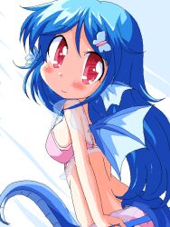  bikini blue_hair blush commentary_request female fins geetsu hair_ornament hairpin head_fins jaggy_lines long_hair looking_back mermaid monster_girl oekaki original pink_bikini red_eyes see-through smile solo strap_gap swimsuit tail 