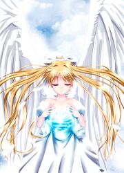  air_(visual_novel) blonde_hair closed_eyes commentary_request dress female highres kamio_misuzu long_hair orb ponytail solo very_long_hair wings yuzuki_karin 