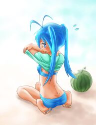  barefoot bikini blue_eyes blue_hair commentary_request feet female food fruit imaichi_moenai_ko kobe_shinbun long_hair nail_polish shirt solo swimsuit toenail_polish toenails twintails undressing watermelon yagi_gojou 