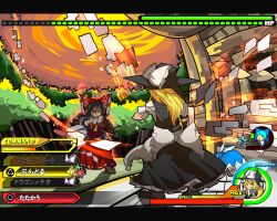  3girls black_hair blonde_hair bow check_commentary cirno commentary_request fake_screenshot from_behind gameplay_mechanics hairbow hakurei_reimu hat health_bar kingdom_hearts kingdom_hearts_birth_by_sleep kirisame_marisa long_hair multiple_girls parody touhou witch_hat yadokari_(yadokani) 