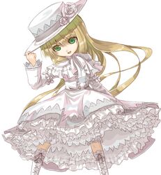  bad_link blonde_hair blunt_bangs boots catanagi cross-laced_footwear dress female flower frills gosick green_eyes hat hat_tip knee_boots lace lace-up_boots lingerie lolita_fashion long_hair petticoat porkpie_hat ribbon rose solo sweet_lolita too_many too_many_frills underwear very_long_hair victorian victorica_de_blois 