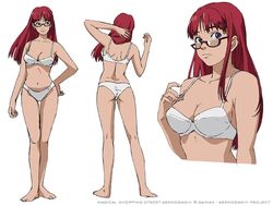  abenobashi_mahou_shoutengai ass bare_shoulders barefoot blue_eyes bra breasts cleavage female glasses hiramatsu_tadashi large_breasts lingerie long_hair multiple_views munemune official_art panties pose profile red_hair standing underwear underwear_only white_bra 