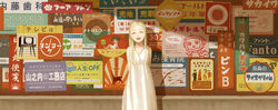  blonde_hair christ_signboard commentary_request female kirobaito long_hair open_mouth original poster_(object) retro_artstyle sign smile solo wall 