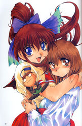  2girls artbook blue_eyes blush bokken bow brown_eyes brown_hair character_doll character_request hairbow height_difference holding hug inoue_sora japanese_clothes katana long_hair looking_at_viewer miko mitsurugi_ryouko multiple_girls nose_blush oerba_yun_fang onizuka_miyuki open_mouth ponytail real_bout_high_school red_hair ribbon ribbon-trimmed_sleeves ribbon_trim school_uniform serafuku short_hair smile sword weapon wooden_sword 