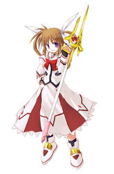  alternate_color bow female fingerless_gloves full_body gloves lyrical_nanoha magazine_(weapon) magical_girl mahou_shoujo_lyrical_nanoha mahou_shoujo_lyrical_nanoha_a&#039;s mizuno_minato purple_eyes raising_heart raising_heart_(buster_mode) red_bow red_hair solo takamachi_nanoha takamachi_nanoha_(sacred_mode) twintails 