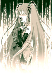  closed_eyes digital_rain female hatsune_miku hiroyama_hiroshi long_hair monochrome music sepia singing solo twintails very_long_hair vocaloid 