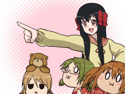  4girls :3 :d animal bear black_hair brown_eyes byakudan_kagome empty_eyes expressionless glasses hair_ribbon hyuuga_kizuna jitome long_sleeves minamoto_chikaru multiple_girls natsume_remon o_o open_mouth oshibaru outstretched_arm photoshop_(medium) pointing pointing_forward red_ribbon ribbon rimless_eyewear scotch_(blaze) sidelocks smile strawberry_panic! triangle_mouth 