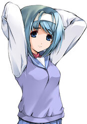  arms_behind_head arms_up blue_eyes blue_hair breasts closed_mouth female hairband kashi long_sleeves looking_at_viewer lowres original school_uniform short_hair simple_background solo sweater_vest upper_body vest white_background 