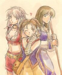  3girls artist_request brown_eyes brown_hair crop_top dress gensou_suikoden gensou_suikoden_iv green_eyes lowres midriff millay_(suikoden) multiple_girls one_eye_closed rita_(suikoden) silver_hair skirt viki_(suikoden) 