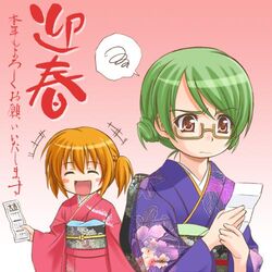  2girls akeome blonde_hair glasses green_hair happy_new_year hyuuga_kizuna japanese_clothes kimono kotoyoro lowres multiple_girls natsume_remon new_year shiumai strawberry_panic! translated 