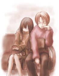  1boy brown_hair copyright_request couch couple female lowres sakura_misaki_(sakura_densetsu) short_hair sleeping straight sweatdrop 