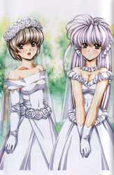  2girls bride brown_eyes brown_hair d-ln d-tp dress elbow_gloves gloves green_eyes growlanser growlanser_iv highres multiple_girls photoshop_(medium) purple_hair urushihara_satoshi wedding_dress 