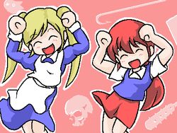  2girls :d ^_^ blonde_hair caramelldansen closed_eyes coffin_(shitaiya) commentary_request futaba_channel hook lowres multiple_girls no_nose oekaki open_mouth original ponytail red_hair shitai_(shitaiya) shitaiya skull smile twintails 