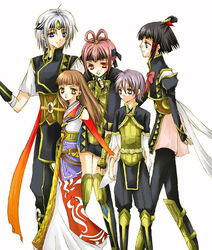  2boys 3girls armor artist_request black_hair blue_eyes bridal_gauntlets brown_eyes brown_hair dress freyjadour_falenas gensou_suikoden gensou_suikoden_v half_updo headband long_hair lymsleia_falenas lyon_(suikoden) miakis_(suikoden) multiple_boys multiple_girls pink_eyes pink_hair purple_eyes purple_hair short_hair silver_hair thighhighs toma_(suikoden) 