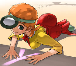  afro aqua_eyes ass back bell-bottoms bird boots eyeshadow female hair_ribbon hands haruyama_kazunori head_mirror himeguri_koyomi looking_at_viewer lying makeup on_side on_stomach orange_hair overalls pants red_overalls ribbon shadow shirt short_hair skin_tight smile solo time_bokan_(series) yattodetaman 