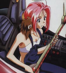  1990s_(style) ahoge bare_shoulders cockpit female green_eyes guvava highres katsura_ken&#039;ichirou macross macross_7 mylene_jenius official_art overalls pink_hair pointy_ears retro_artstyle science_fiction sitting solo strapless tube_top vf-11 vf-11_maxl 