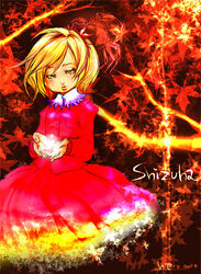  aki_shizuha blonde_hair blush character_name commentary_request dated dress female fire glowing leaf long_sleeves magic orb own_hands_together photoshop_(medium) red_dress red_eyes short_hair signature solo standing teko_(tawake) touhou 