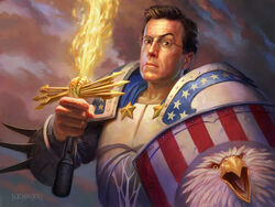  1boy armor bald_eagle bird brown_eyes brown_hair eagle flaming_sword flaming_weapon glasses male_focus microphone raised_eyebrow solo source_request stephen_colbert sword the_colbert_report todd_lockwood united_states weapon 