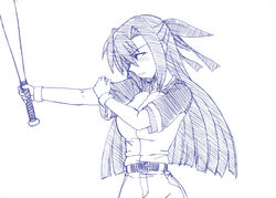  baseball baseball_bat belt blue_theme female ginga_nakajima half_updo hayami_ryouji holding holding_weapon long_hair lyrical_nanoha mahou_shoujo_lyrical_nanoha_strikers monochrome parody solo suzuki_ichirou weapon white_background 