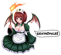  breasts brown_eyes brown_hair cleavage commentary_request cropped_torso cross cross_patty deathsmiles dragon_wings female fire follett_(deathsmiles) frills glasses greek_cross hairband kara_(color) large_breasts latin_cross maid short_hair solo wand wings 