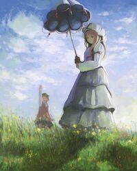  2girls blonde_hair chen claude_monet_(style) cloud commentary_request day dress fine_art_parody flower grass hat long_hair long_sleeves looking_at_viewer multiple_girls outdoors parasol parody short_hair sky three_quarter_view touhou umbrella umigarasu_(coolier) woman_with_a_parasol yakumo_yukari 