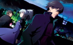  2boys absurdres black_cat black_eyes black_hair brown_hair cityscape darker_than_black dress feline female hat hei_(darker_than_black) highres huang_(darker_than_black) komori_takahiro mao_(darker_than_black) multiple_boys night official_art ponytail purple_dress scan white_hair yin_(darker_than_black) 