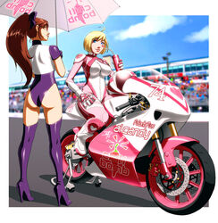  2girls ass blue_eyes bodysuit boots breasts brown_eyes brown_hair clouds crowd curvy daniel_macgregor drink female female_only high_heels large_ass large_breast large_breasts leotard long_hair looking_back motorcycle outdoor panties polarityplus short_hair sitting skin_tight smile tattoo thighhighs umbrella uniform 