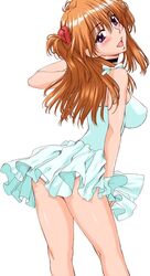  blush choker dress female frills hanzaki_jirou leaning_forward long_hair looking_back neon_genesis_evangelion orange_hair panties pantyshot photoshop_(medium) purple_eyes solo souryuu_asuka_langley two_side_up underwear white_dress white_panties 