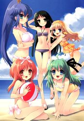  5girls :d ahoge akihime_sumomo all_fours arm_hug arm_up armpits ball bandeau beach beachball bikini black_hair blonde_hair blue_eyes blue_hair blush bow breast_hold breasts casual_one-piece_swimsuit cloud crossed_arms day feet flat_chest floral_print frilled_bikini frilled_one-piece_swimsuit frills green_eyes green_hair groin hair_between_eyes hair_ornament hair_ribbon hairband hairclip halterneck hand_on_head high_ponytail highres ito_noizi koiwai_flora large_breasts leaning_forward leg_lift legs long_hair long_legs looking_at_viewer looking_back lowleg lowleg_bikini midriff multiple_girls nanatsuiro_drops navel o-ring o-ring_bikini o-ring_top ocean official_art one-piece_swimsuit open_mouth orange_hair outdoors outstretched_arms photoshop_(medium) pink_hair ponytail profile red_eyes ribbon sandals satsuki_julirsia scan shadow side-tie_bikini_bottom sideboob sidelocks sitting skinny sky smile standing standing_on_one_leg swimsuit tankini thigh_gap toes very_long_hair water wavy_hair yaeno_nadeshiko yuuki_nona 