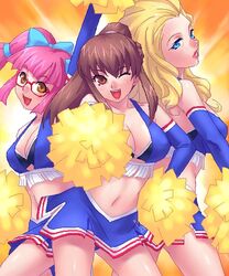  3girls :d ;d amemiya_sayaka anna_lindhurst blonde_hair blue_eyes bow bra breasts brown_hair cheerleader cleavage crop_top elbow_gloves glasses gloves kanda_aoi large_breasts lingerie midriff multiple_girls navel oekaki one_eye_closed open_mouth orange_eyes osu!_tatakae!_ouendan ouendan panties pantyshot pink_hair pom_pom_(cheerleading) ponytail smile underwear zen_(kamuro) 