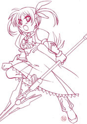  adapted_costume bad_link bow clenched_hand female fingerless_gloves gloves karamiti lyrical_nanoha magazine_(weapon) magical_girl mahou_shoujo_lyrical_nanoha mahou_shoujo_lyrical_nanoha_a&#039;s monochrome purple_theme raising_heart raising_heart_(exelion_mode) solo takamachi_nanoha twintails 