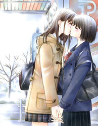  2girls bag bare_tree blush city closed_eyes coat day fujimori_hitomi holding_hands interlocked_fingers kissing kobayashi_nana kuchibiru_tameiki_sakurairo long_hair morinaga_milk multiple_girls outdoors plaid plaid_skirt pleated_skirt school_uniform short_hair skirt snowing tree winter yuri 