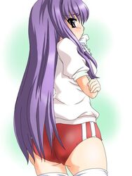  buruma clannad dotekabocha double_vertical_stripe female fujibayashi_kyou gym_uniform long_hair red_buruma solo thighhighs 