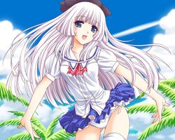  blue_eyes female game_cg hair_ribbon kono_aozora_ni_yakusoku_wo long_hair nekonyan palm_tree panties pantyshot ribbon rokujou_miyaho school_uniform side-tie_panties smile solo thighhighs tree underwear 