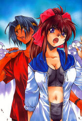  1boy animal_print black_sports_bra bow breasts brown_hair cleavage dark_skin faceless faceless_male female hairbow headband hood hood_down hoodie inoue_sora jacket kusanagi_shizuma large_breasts lingerie long_hair mitsurugi_ryouko navel oerba_yun_fang open_clothes open_jacket pink_bow ponytail purple_eyes real_bout_high_school ribbon shirt short_shorts shorts sleeves_rolled_up sports_bra t-shirt tiger_print track_jacket underwear 