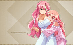  2girls artist_request breasts cattleya_yvette_la_baume_le_blanc_de_la_fontaine cleavage highres large_breasts lingerie long_hair louise_francoise_le_blanc_de_la_valliere multiple_girls nightgown pink_eyes pink_hair underwear zero_no_tsukaima 