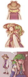  2girls bad_id bad_pixiv_id blonde_hair blush buranantoka detached_sleeves frog green_hair hair_ornament hat hug kochiya_sanae long_hair moriya_suwako multiple_girls pyonta short_hair snake thighhighs touhou yellow_eyes 