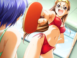  2girls :d bow bow_bra bow_panties bra brown_hair foreshortening game_cg glasses green_bra hand_on_own_hip lingerie long_hair multiple_girls navel onegai_ohoshisama open_mouth paddle panties pointing red_bra red_panties sakuraba_ayase side-tie_panties smile solo_focus table_tennis table_tennis_paddle takeya_masami underwear underwear_only 